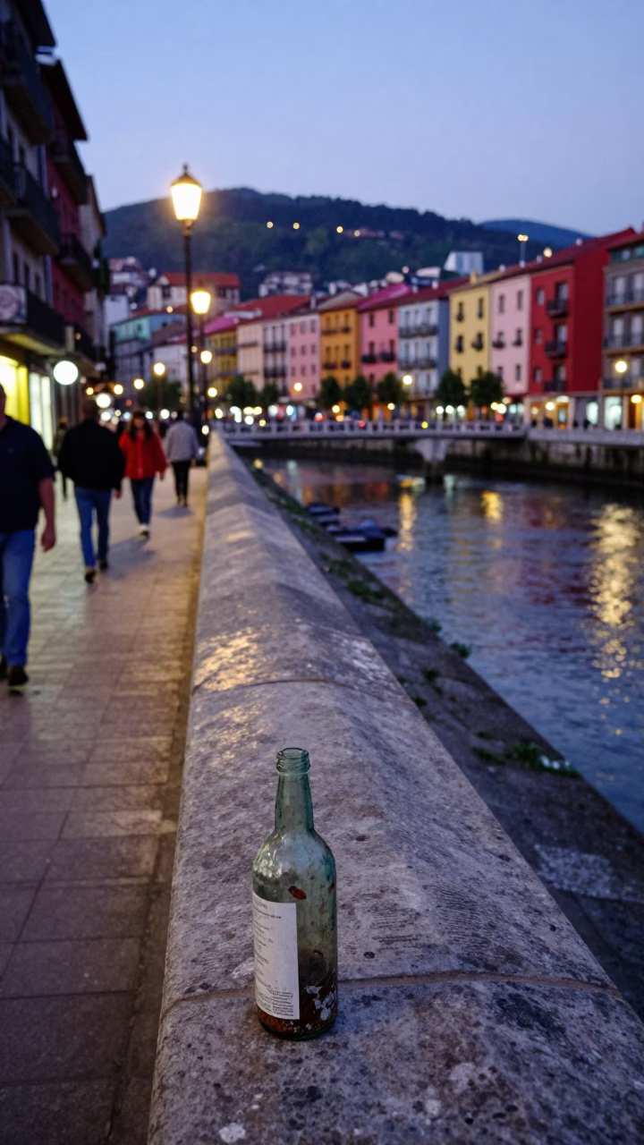 Colorful 1990s Evening Street Scene in Bilbao Spain with Local Life Details in in Bilbao, Spain