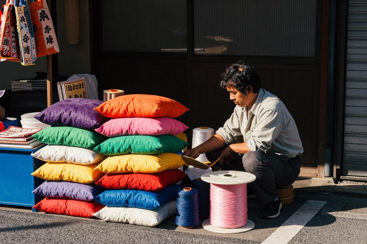 Colorful 1990s Fukuoka Street Scene with Cushions and Spool of Thread in in Fukuoka, Japan