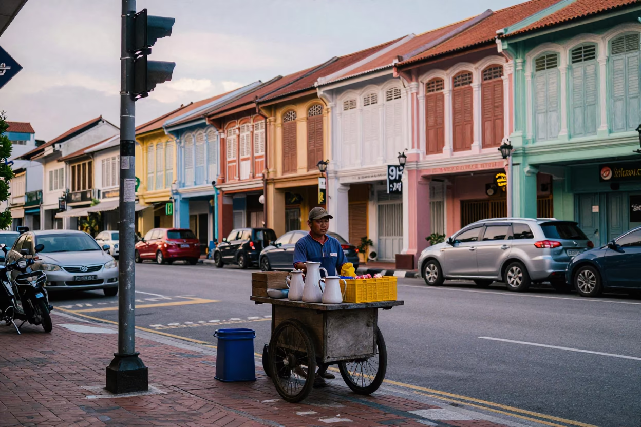 Colorful 1990s George Town Malaysia Street Scene with Enamel Pitcher and Scarf in in George Town, Malaysia