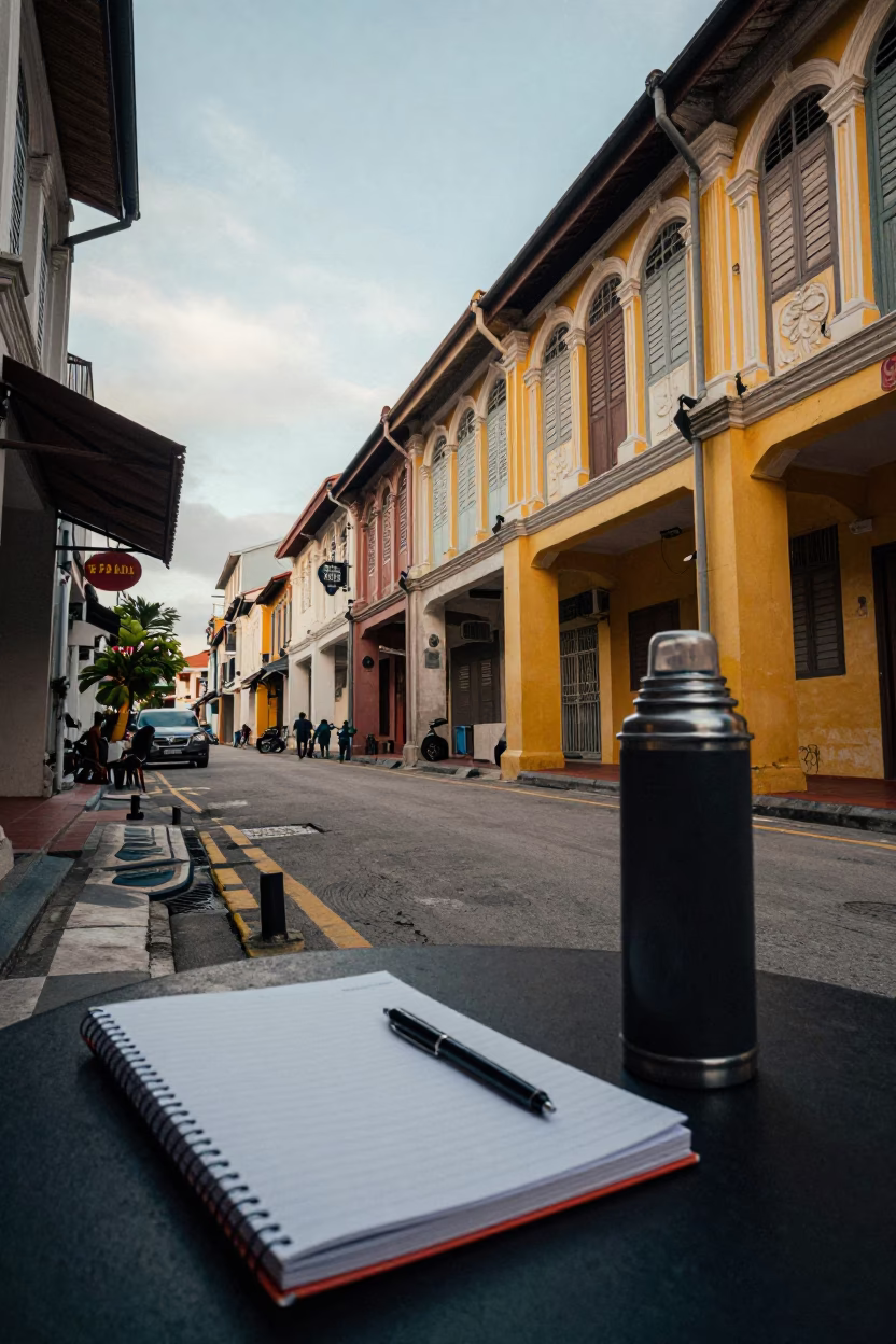 Colorful 1990s George Town Malaysia Street Scene with Notebook and Thermos in in George Town, Malaysia