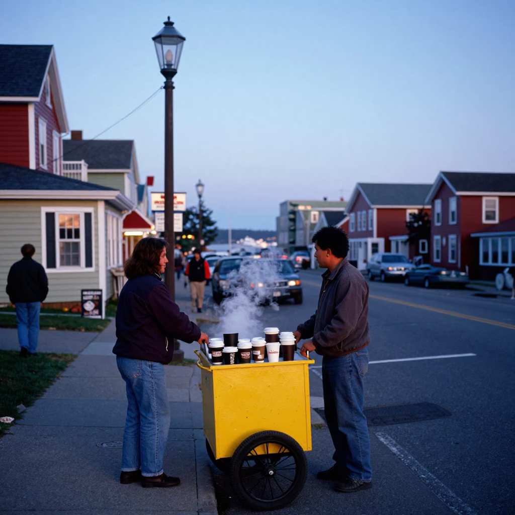 Colorful 1990s Halifax Nova Scotia Street Scene at Nautical Dawn with Local Life in in Halifax, Nova Scotia, Canada