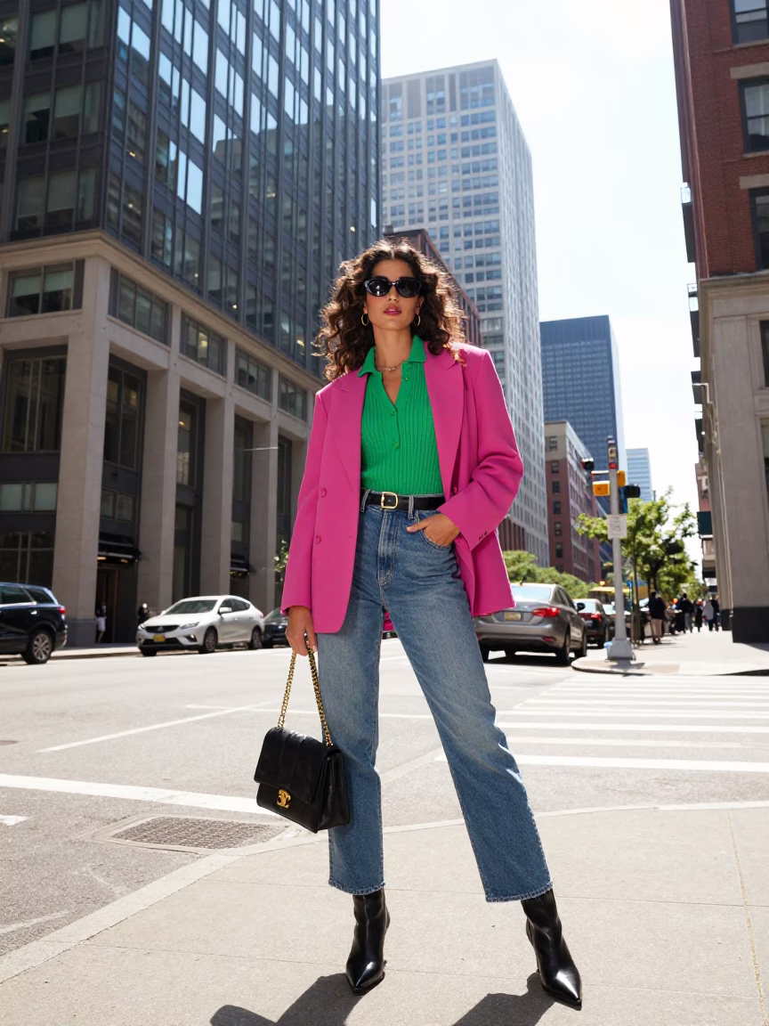 Colorful 1990s High Fashion Portrait in Downtown Boston Massachusetts Midday Street Scene in in Boston, Massachusetts, United States
