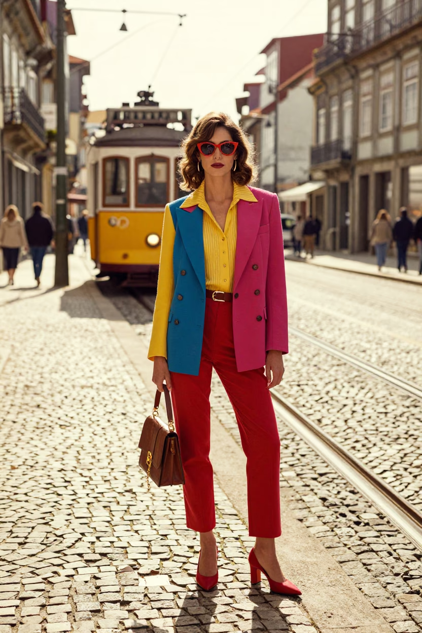 Colorful 1990s High Fashion Portrait on Porto Portugal Cobblestone Street in in Porto, Portugal
