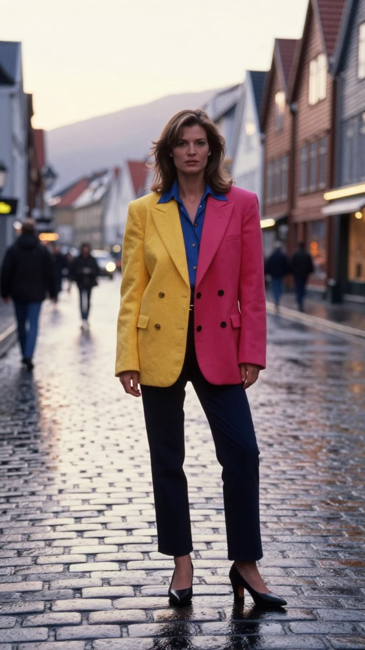 Colorful 1990s High Fashion Street Style Portrait in Bergen Norway Just After Sunrise in in Bergen, Norway