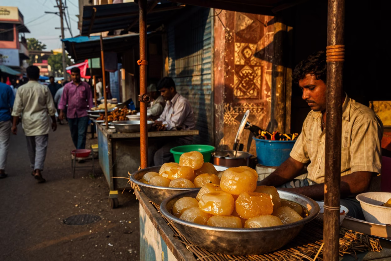 Colorful 1990s Hyderabad Street Scene with Wicker Shadows and Evening Light in in Hyderabad, India