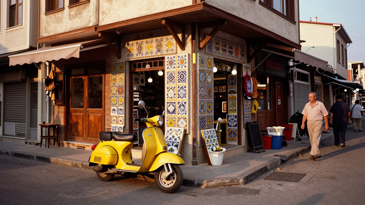 Colorful 1990s Izmir Street Scene with Vintage Moped and Local Market Goods in in Izmir, Turkey