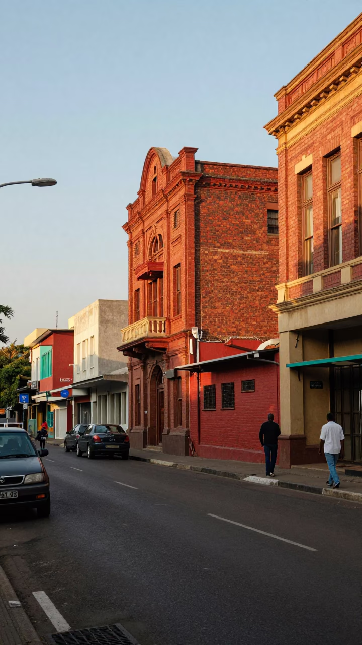 Colorful 1990s Johannesburg street scene with red brick buildings and bicycle racks in in Johannesburg, South Africa
