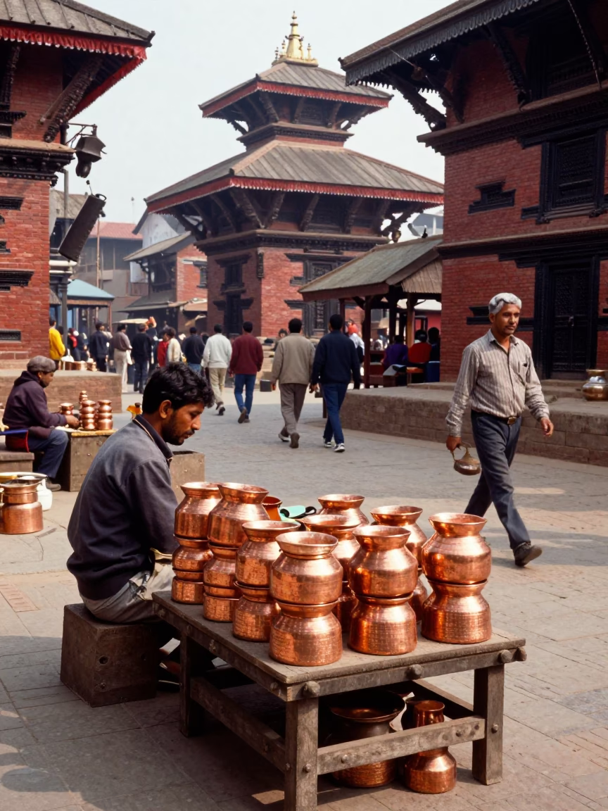 Colorful 1990s Kathmandu street scene with copper pots and local market activity in in Kathmandu, Nepal
