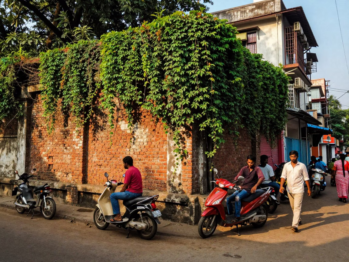 Colorful 1990s Kolkata Street Scene with Vine-Covered Wall and Clay Pot in in Kolkata, India