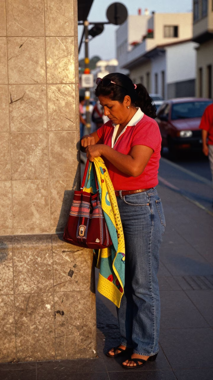 Colorful 1990s Lima Peru Street Scene with Scratches on Tile and Linen Fringe in in Lima, Peru