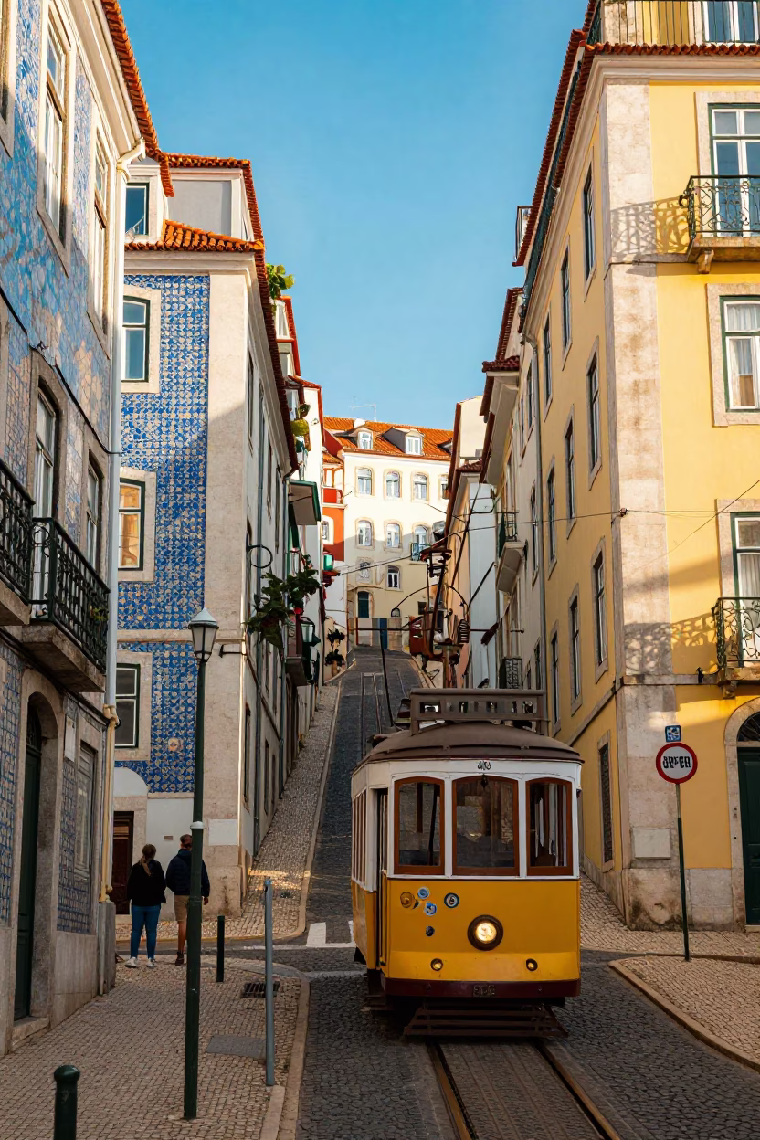 Colorful 1990s Lisbon Street Scene with Funicular and Linen Runners in in Lisbon, Portugal