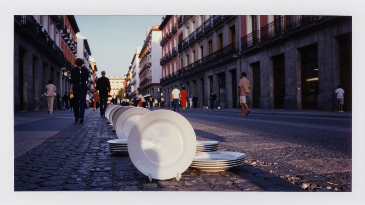 Colorful 1990s Madrid Evening Street Scene with Blue and White Porcelain Plate in in Madrid, Spain