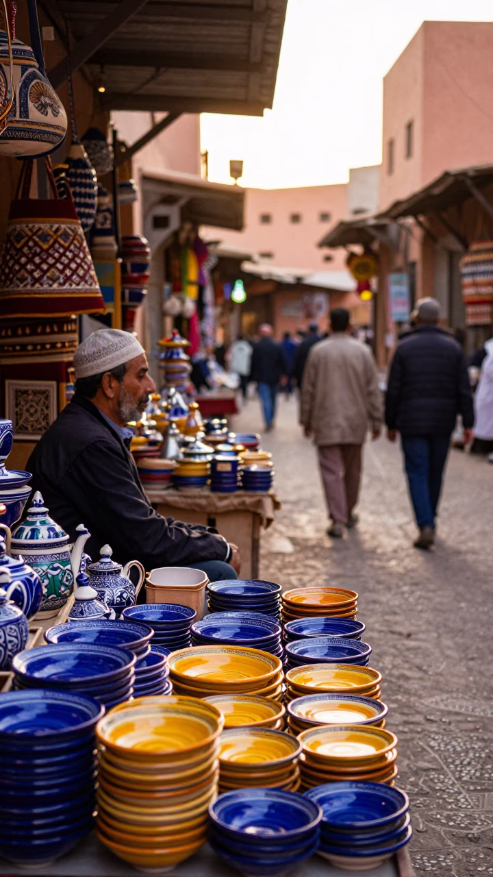 Colorful 1990s Marrakech Souk Street Scene with Saucers and Local Commerce in in Marrakech, Morocco