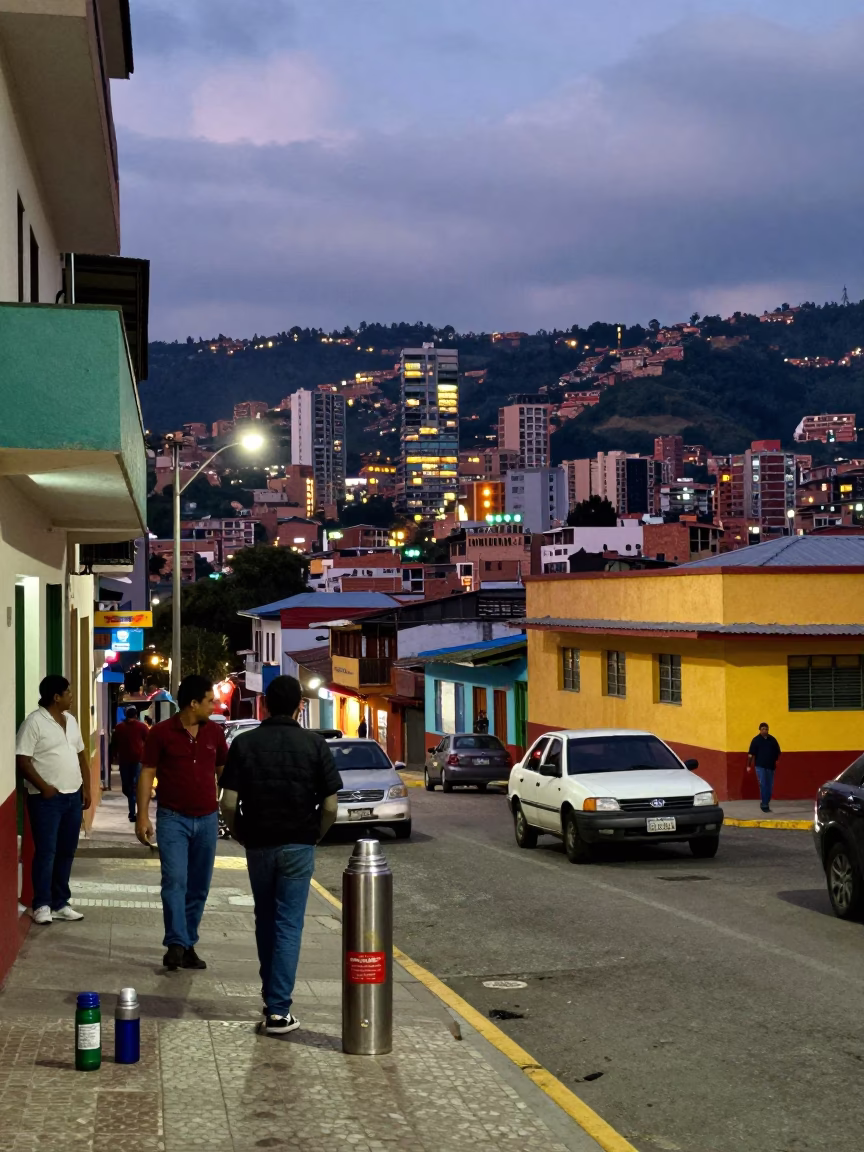 Colorful 1990s Medellin Street Scene with Thermos and City Lights in in Medellin, Colombia