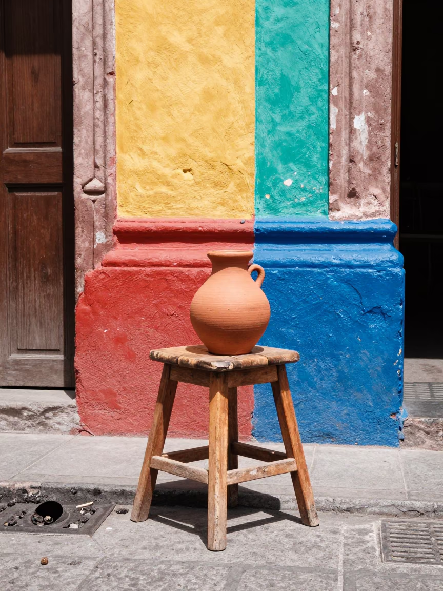 Colorful 1990s Mexico City Street Corner with Clay Pot of Food and Work Stool in in Mexico City, Mexico