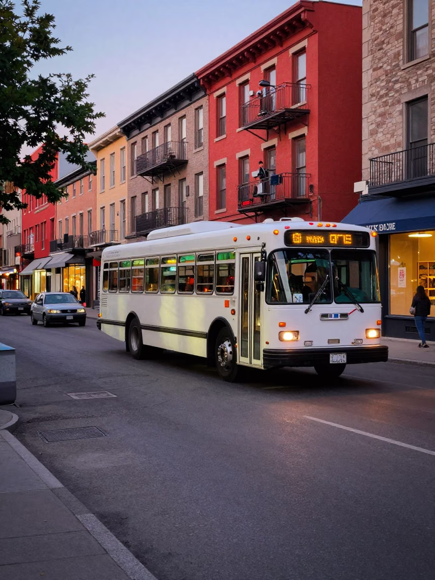 Colorful 1990s Montreal Street Scene with Vintage Bus and Local Details in in Montreal, Quebec, Canada