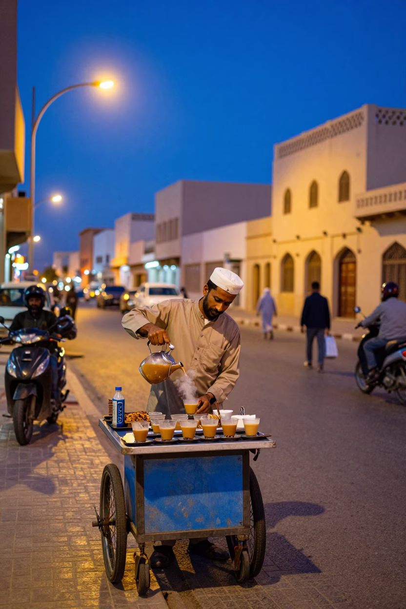 Colorful 1990s Muscat Street Scene in Indigo Twilight with Traditional Tea and Local Interaction in in Muscat, Oman