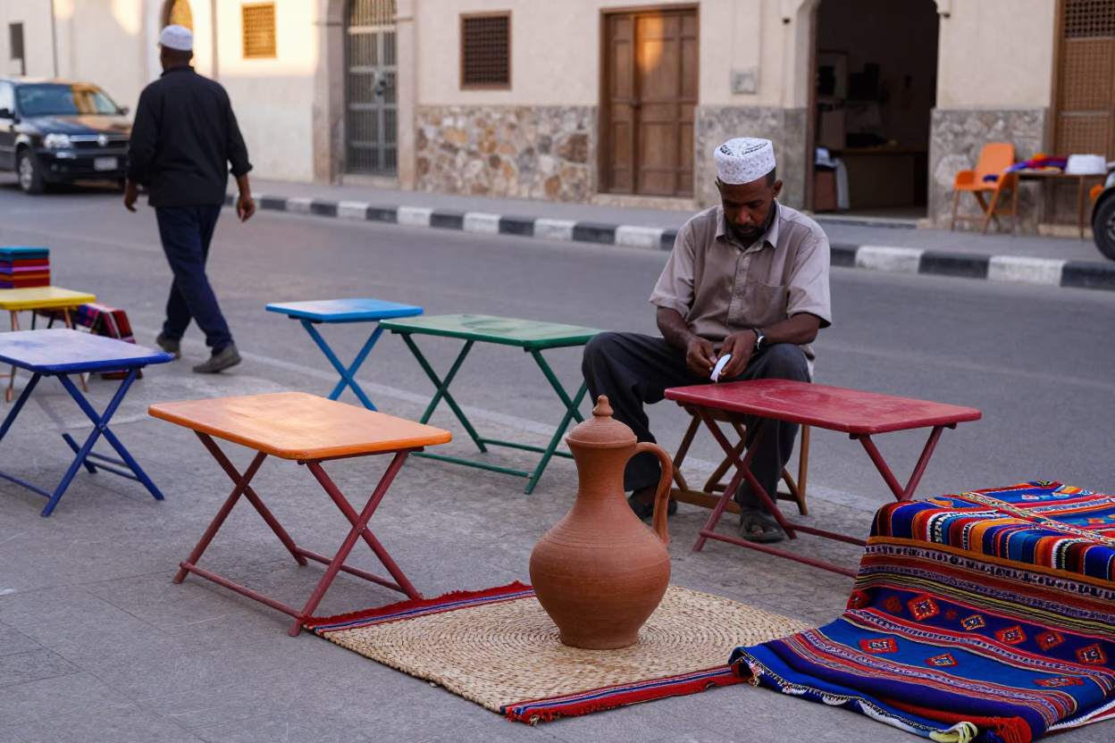 Colorful 1990s Muscat Street Scene with Folding Tables and Clay Teapot in in Muscat, Oman