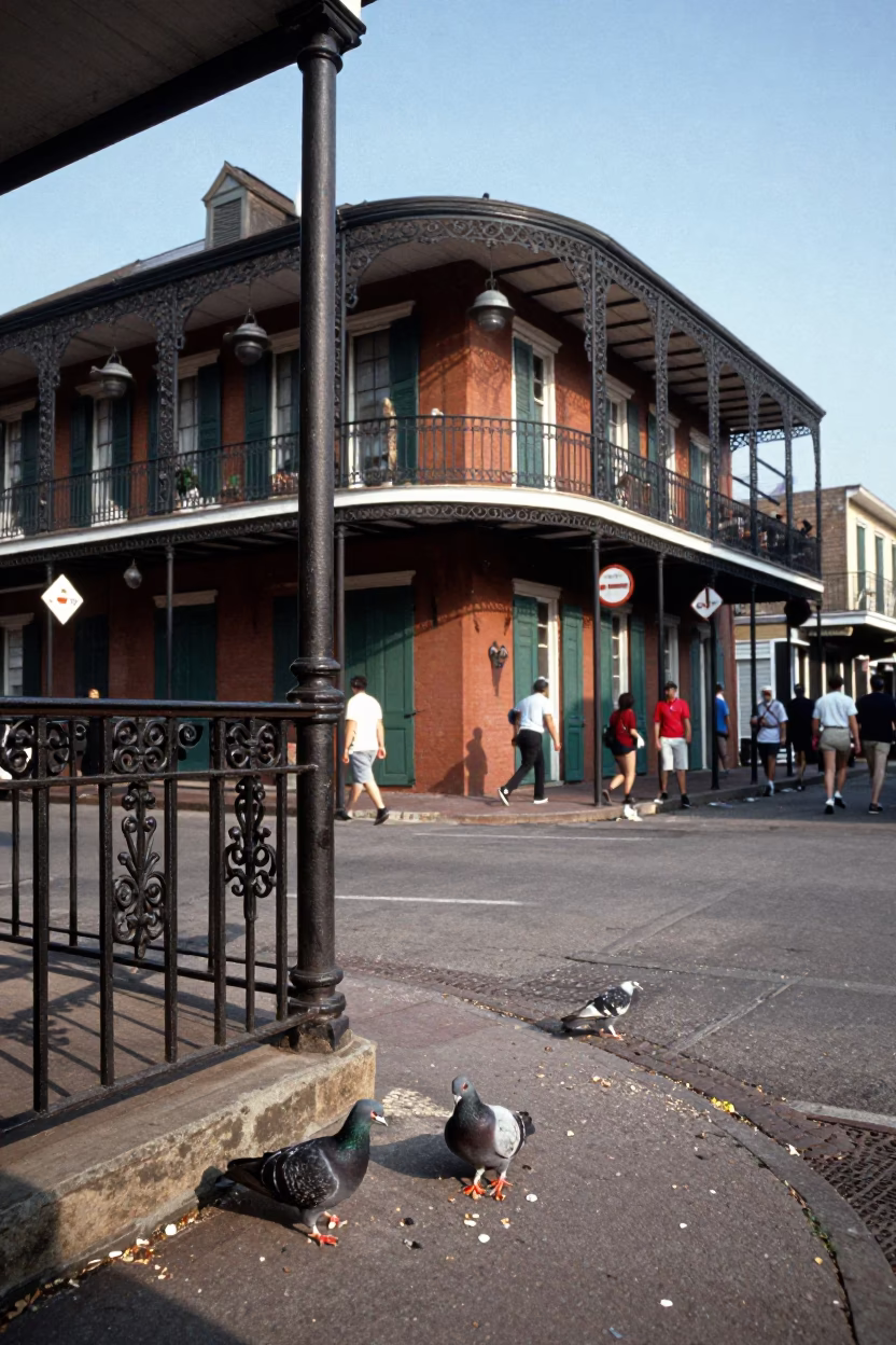 Colorful 1990s New Orleans Street Scene with Pigeons and Vintage Details in in New Orleans, Louisiana, United States