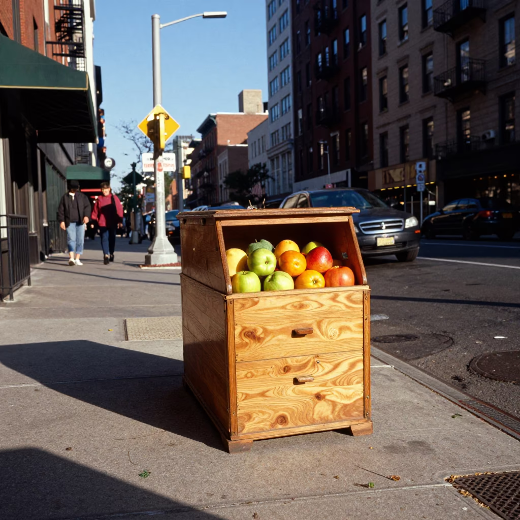 Colorful 1990s New York Street Scene with Breadbox and Fruit Tarts in in New York, New York, United States