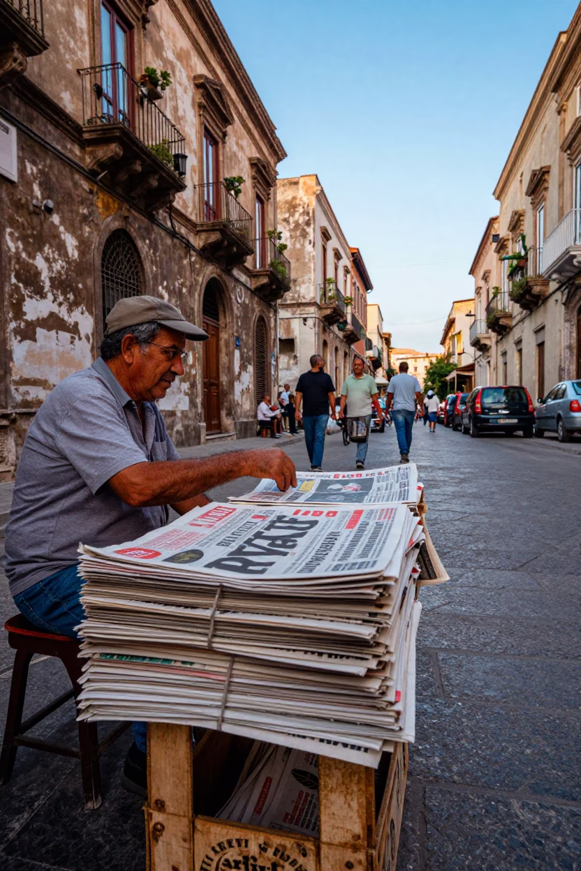 Colorful 1990s Palermo Street Scene with Newspaper Stack and Potted Succulents in in Palermo, Italy