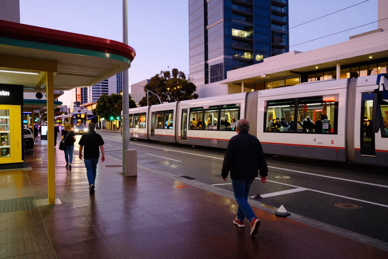 Colorful 1990s Perth Evening Scene with Local Items and Trams in in Perth, Western Australia, Australia