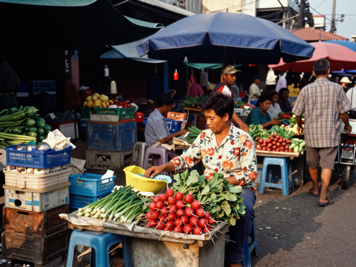 Colorful 1990s Phnom Penh Street Scene with Market Goods and Vintage Details in in Phnom Penh, Cambodia