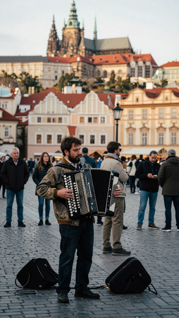 Colorful 1990s Prague Street Scene with Accordion Player and Bridge Maintenance Cradle in in Prague, Czech Republic