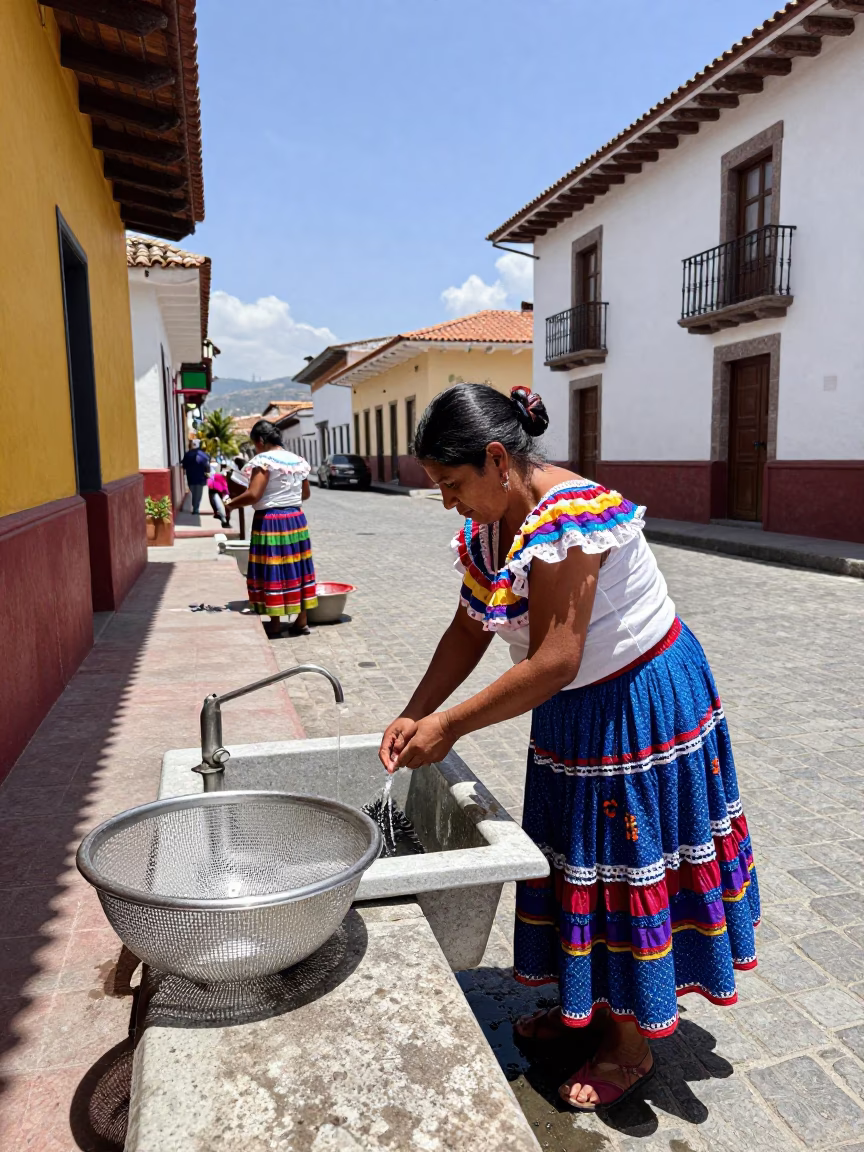 Colorful 1990s Quito Ecuador Street Scene with Mesh Colander and Wash Basin in in Quito, Ecuador