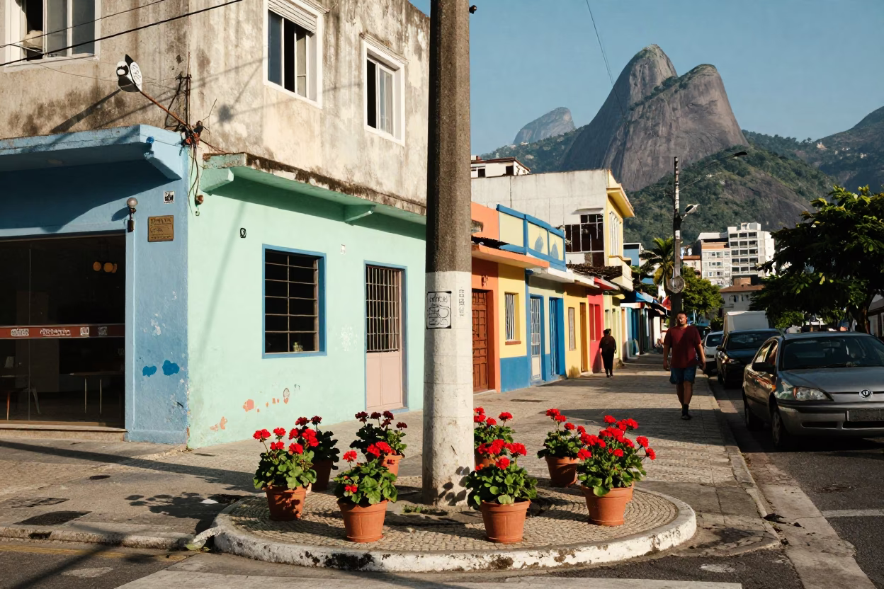 Colorful 1990s Rio de Janeiro street corner with potted geraniums and local market activity in in Rio de Janeiro, Brazil