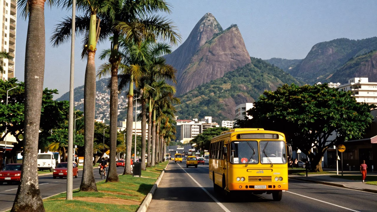 Colorful 1990s Rio de Janeiro Street Scene with Palm Tree Avenue and Classic Bus in in Rio de Janeiro, Brazil