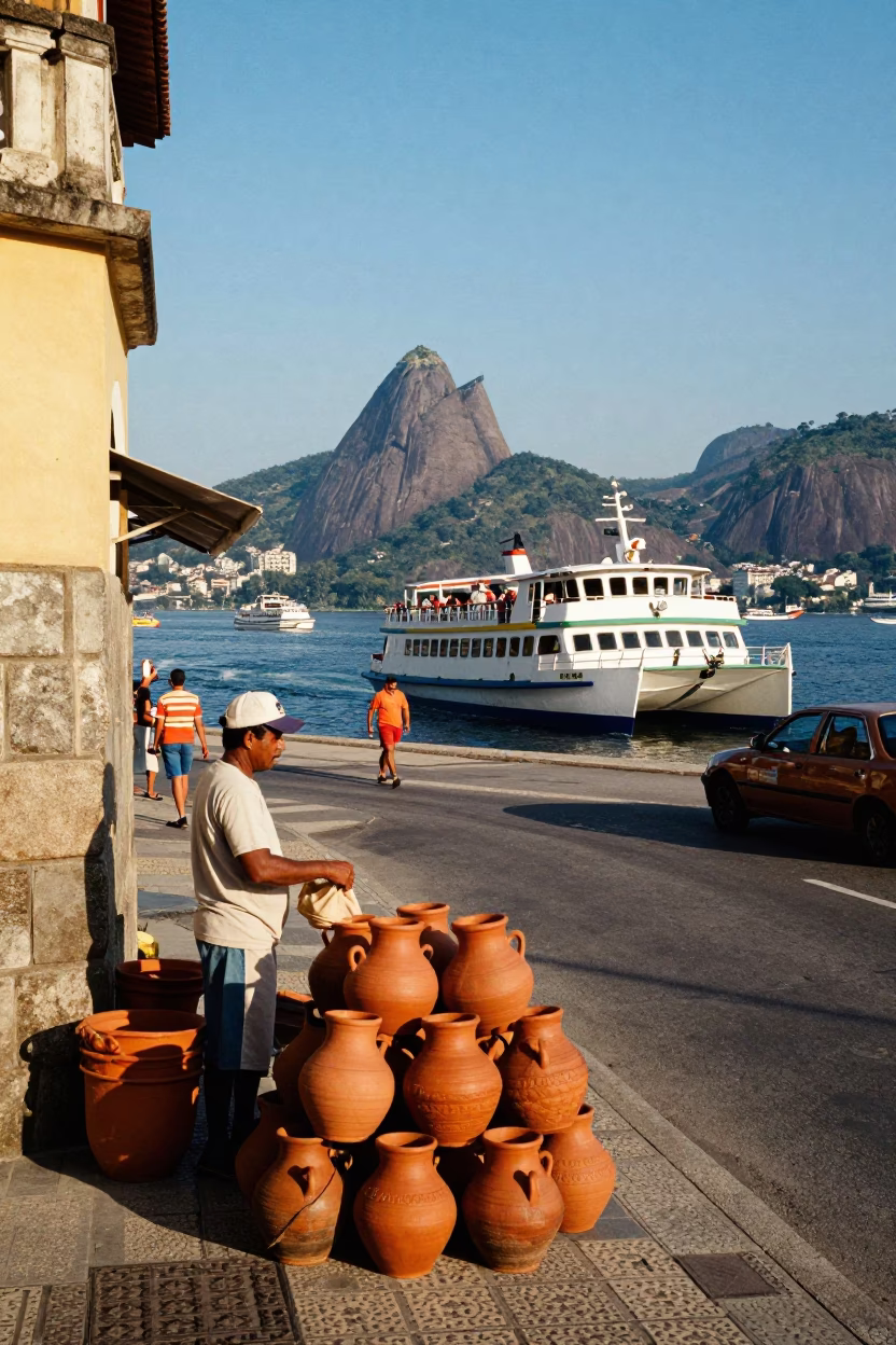 Colorful 1990s Rio Street Scene with Catamaran Ferry in Background and Clay Pot Vendor in in Rio de Janeiro, Brazil