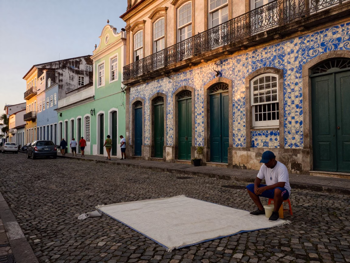 Colorful 1990s Salvador Brazil Evening Street Scene with Blanket and Glass Tumbler in in Salvador, Brazil