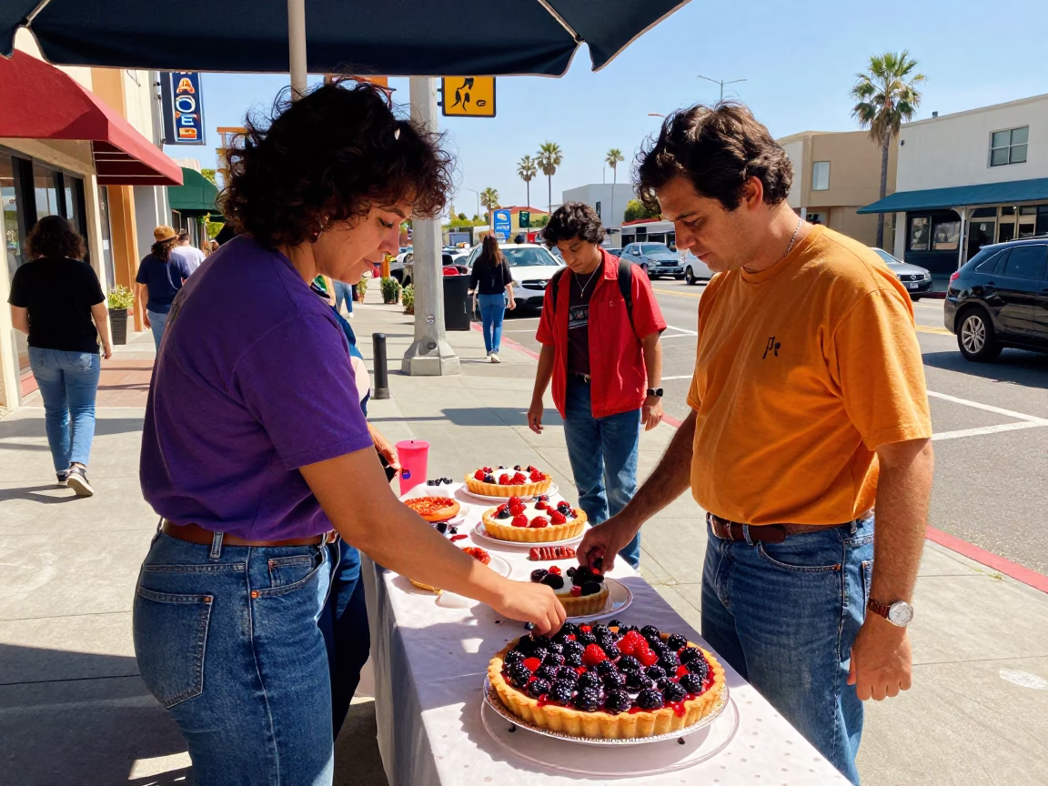Colorful 1990s San Diego Street Scene with Berry Tart and Folding Ruler in in San Diego, California, United States