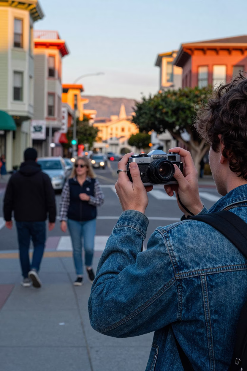 Colorful 1990s San Francisco Street Scene with Vintage Camera and Urban Architecture in in San Francisco, California, United States