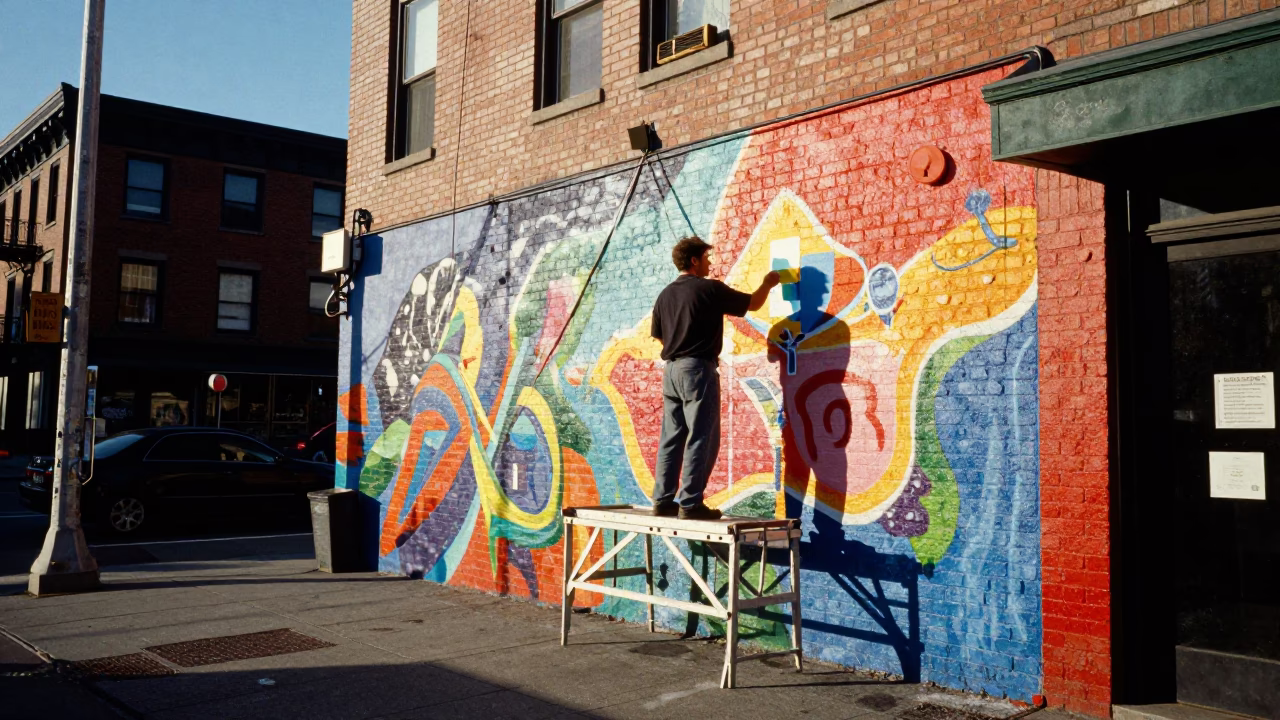 Colorful 1990s Seattle Street Scene with Muralist and Urban Details in in Seattle, Washington, United States