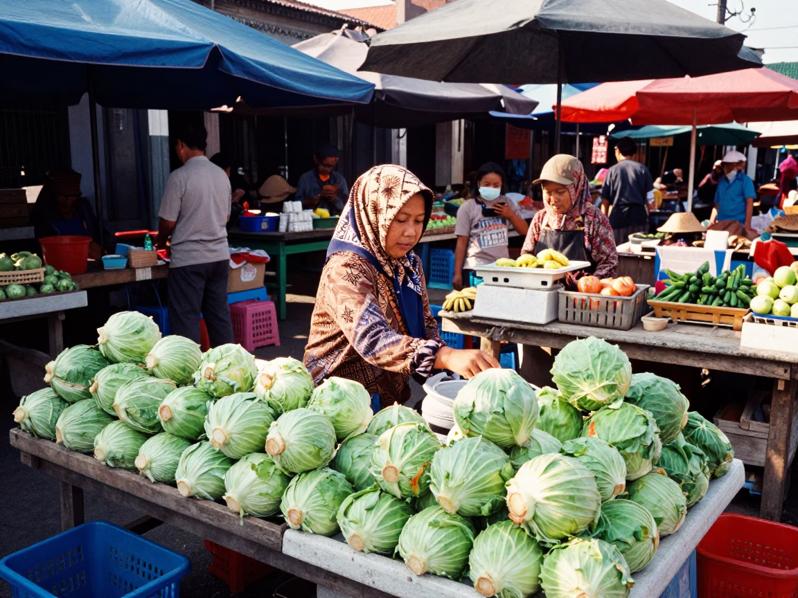 Colorful 1990s Street Market Scene in Denpasar Indonesia with Local Vendor and Tropical Produce in in Denpasar, Indonesia