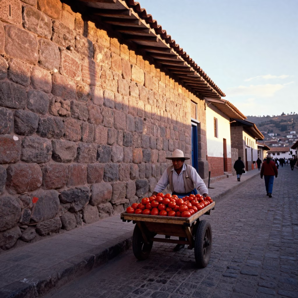Colorful 1990s Street Scene in Cusco Peru with Inca Stone Walls and Morning Light in in Cusco, Peru