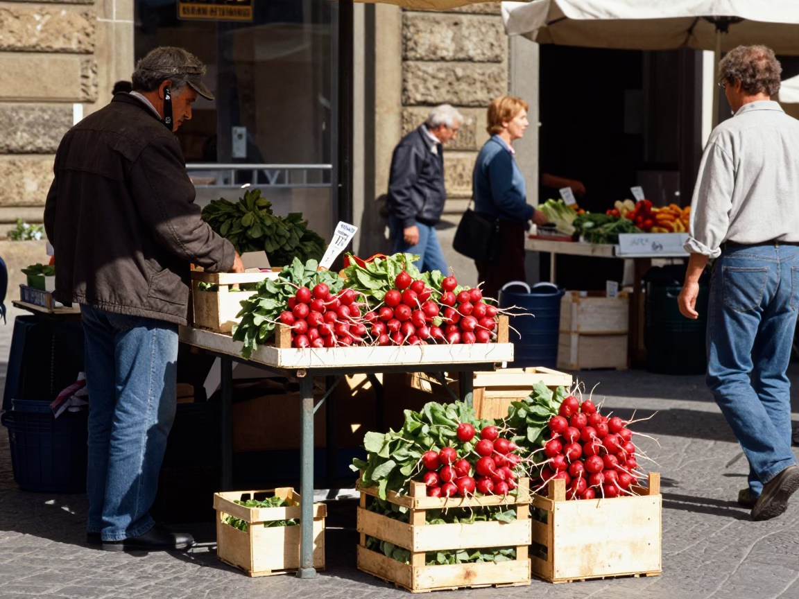 Colorful 1990s Street Scene in Florence Italy with Radishes and Local Life in in Florence, Italy