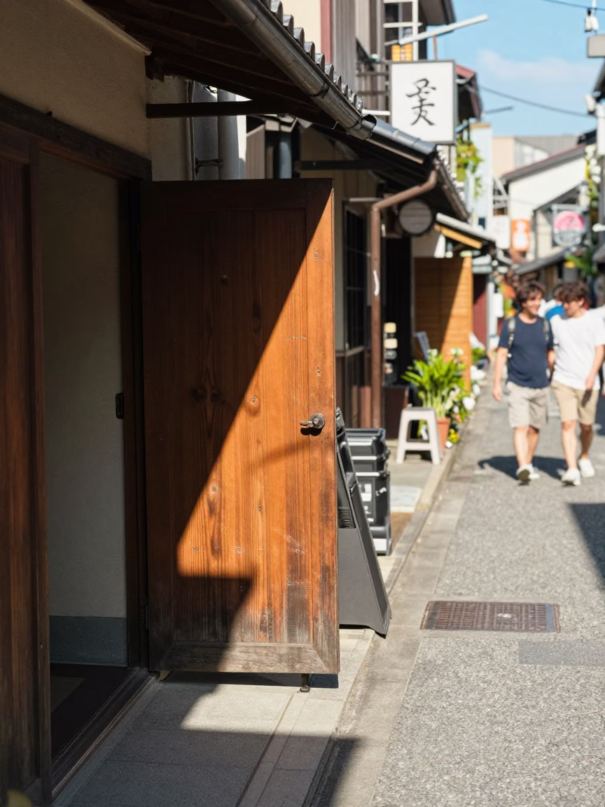 Colorful 1990s Street Scene in Fukuoka Japan with Wicker Shadow on Hinge in in Fukuoka, Japan