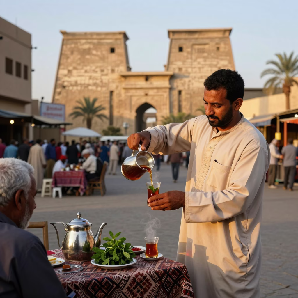 Colorful 1990s Street Scene in Luxor Egypt with Traditional Tea and Local Market Details in in Luxor, Egypt