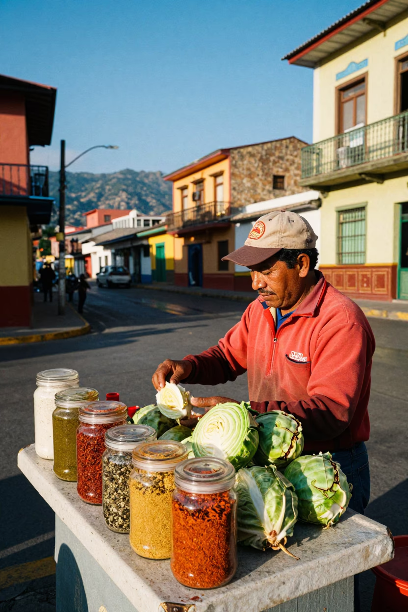 Colorful 1990s Street Scene in Medellin Colombia with Cabbages and Spice Jars in in Medellin, Colombia