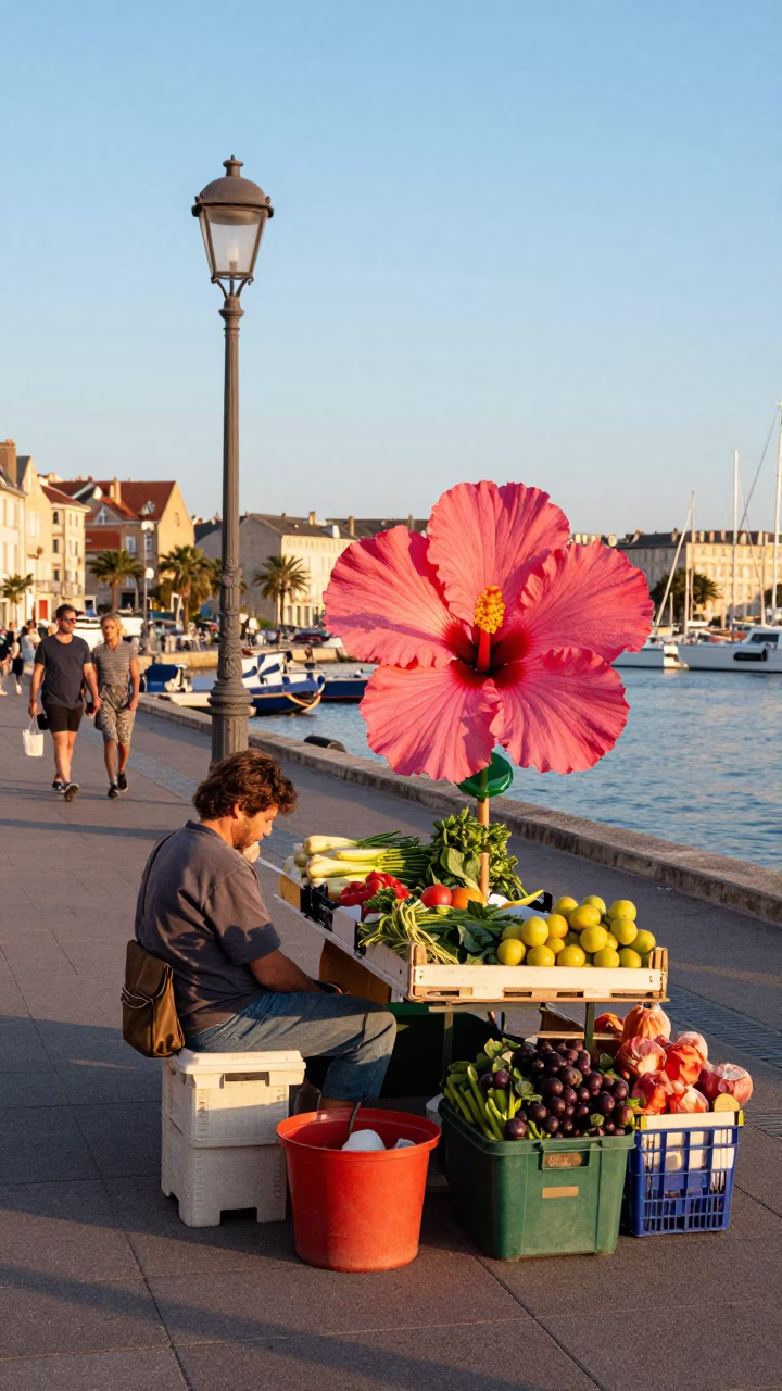 Colorful 1990s Street Scene in Nice France with Hibiscus Flower Detail in in Nice, France