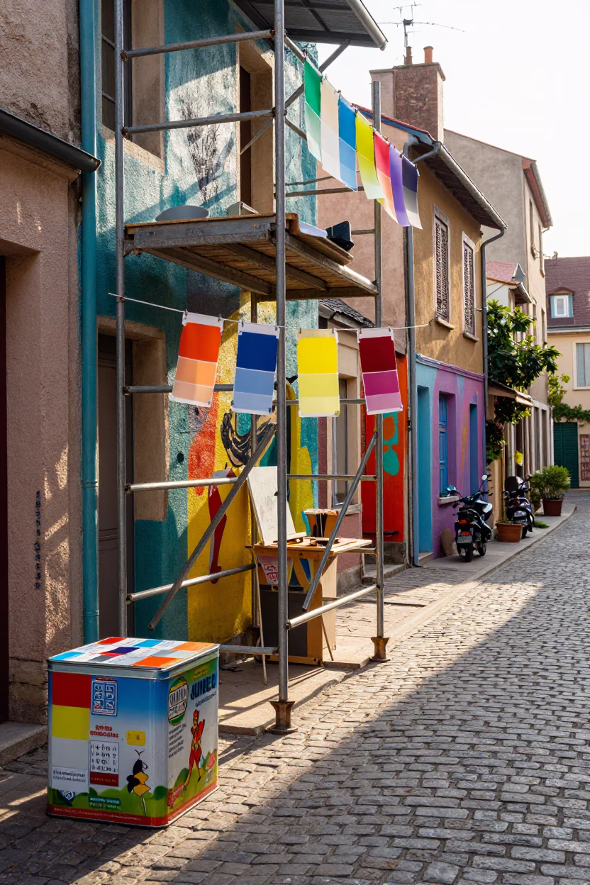 Colorful 1990s Street Scene in Nice France with Tin Box and Ladder Back Chair in in Nice, France