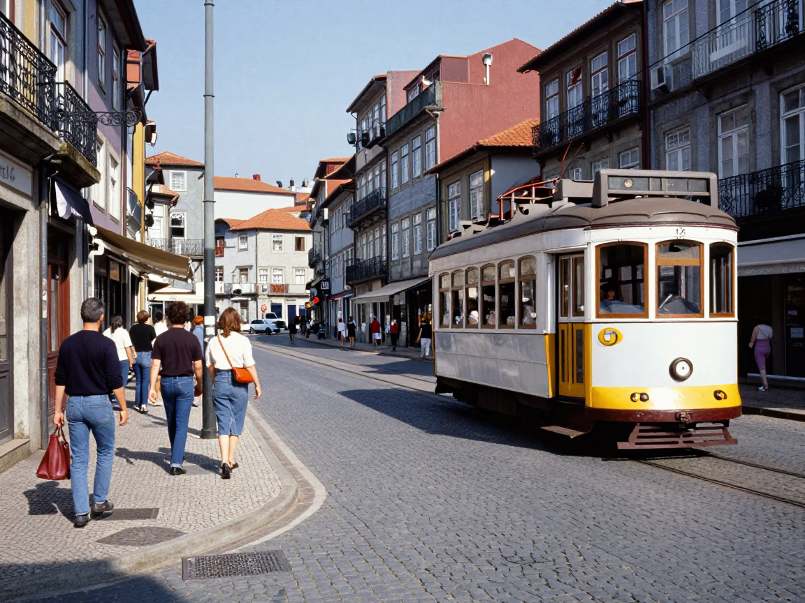 Colorful 1990s Street Scene in Porto Portugal with Tram and Local Life in in Porto, Portugal