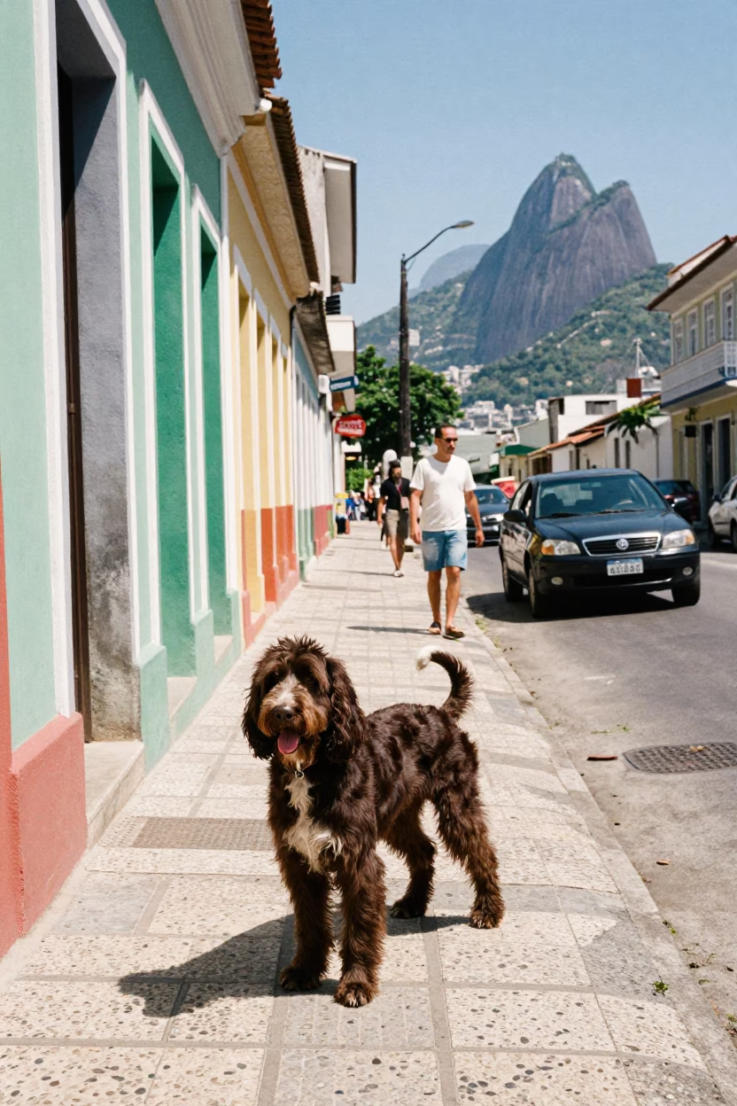 Colorful 1990s Street Scene in Rio de Janeiro with Spinone Italiano and Glass Jar in in Rio de Janeiro, Brazil