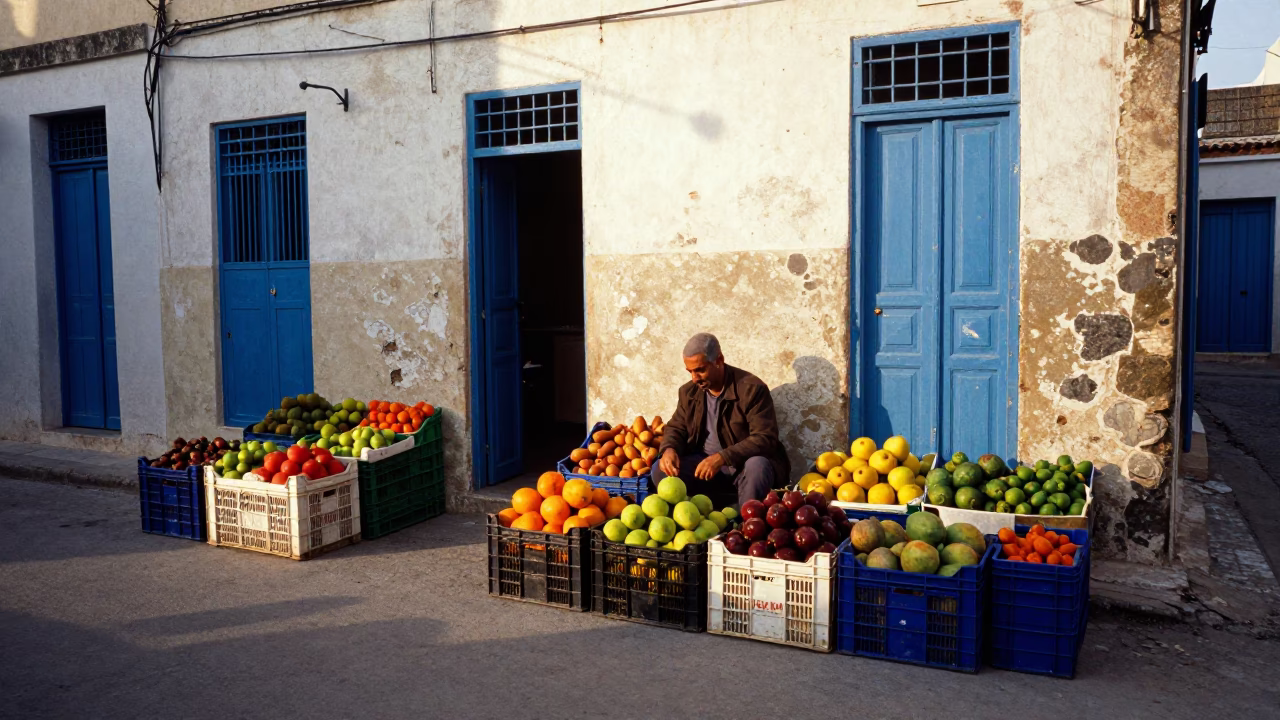 Colorful 1990s Street Scene in Tunis Tunisia with Crates and Morning Light in in Tunis, Tunisia