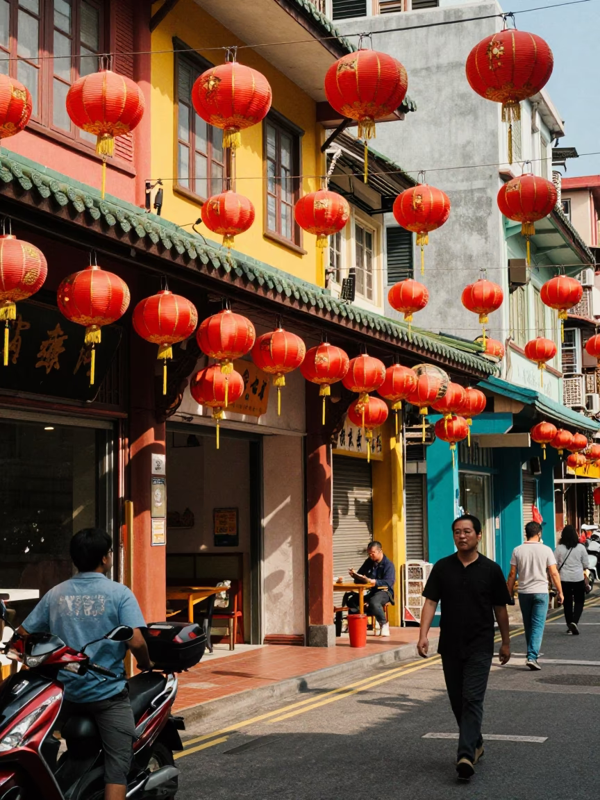 Colorful 1990s Taipei Street Scene with Hanging Lanterns and Urban Life in in Taipei, Taiwan