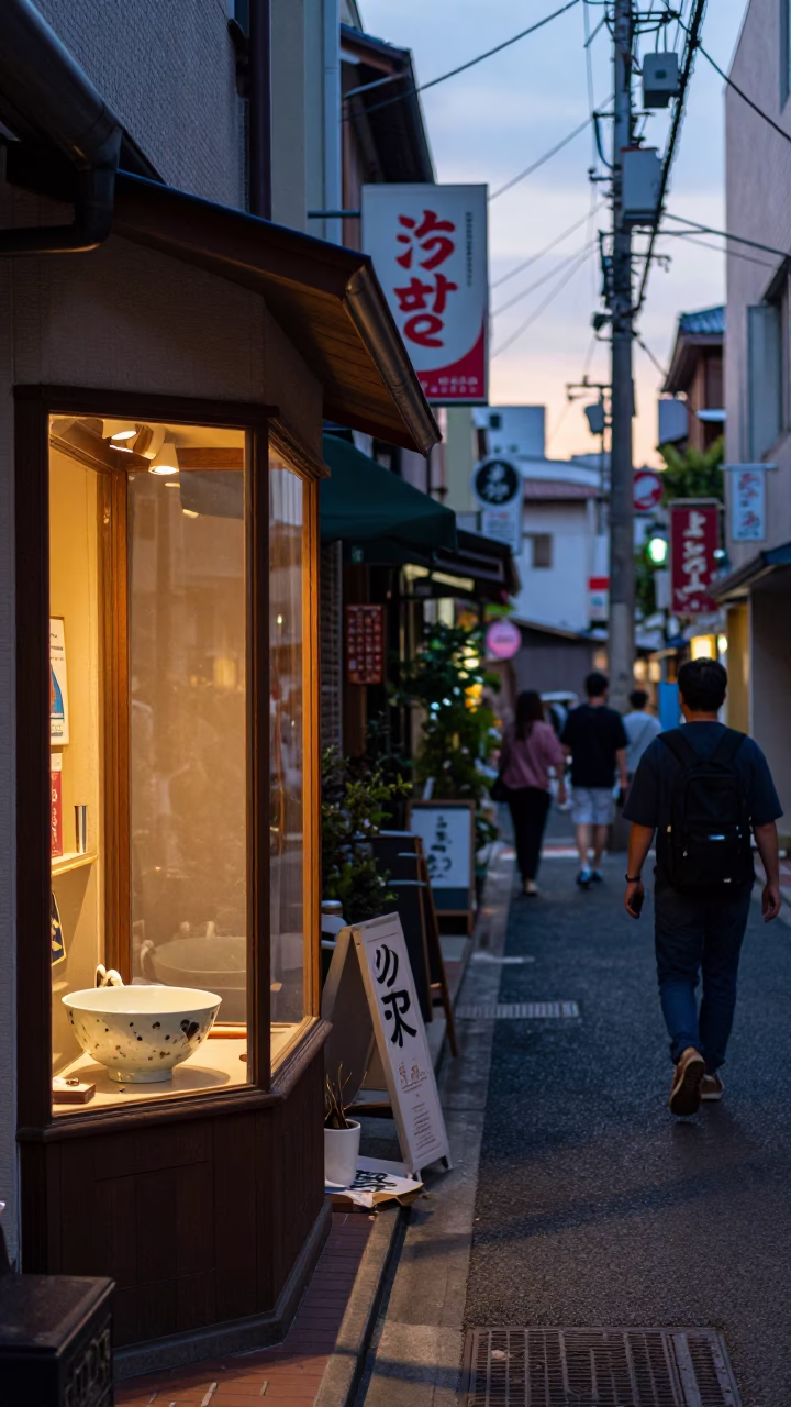Colorful 1990s Tokyo Street Scene at Nautical Dawn with Vintage Shop Displays in in Tokyo, Japan