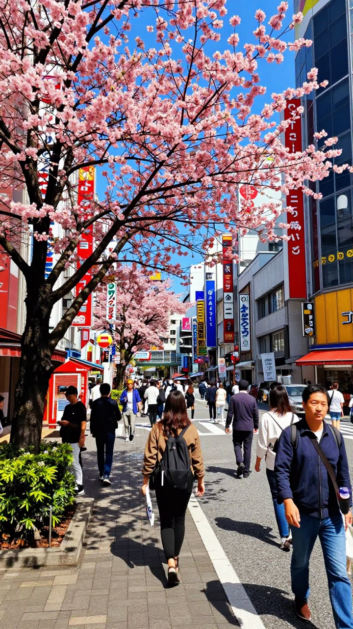 Colorful 1990s Tokyo Street Scene with Dogwood Tree and Urban Details in in Tokyo, Japan